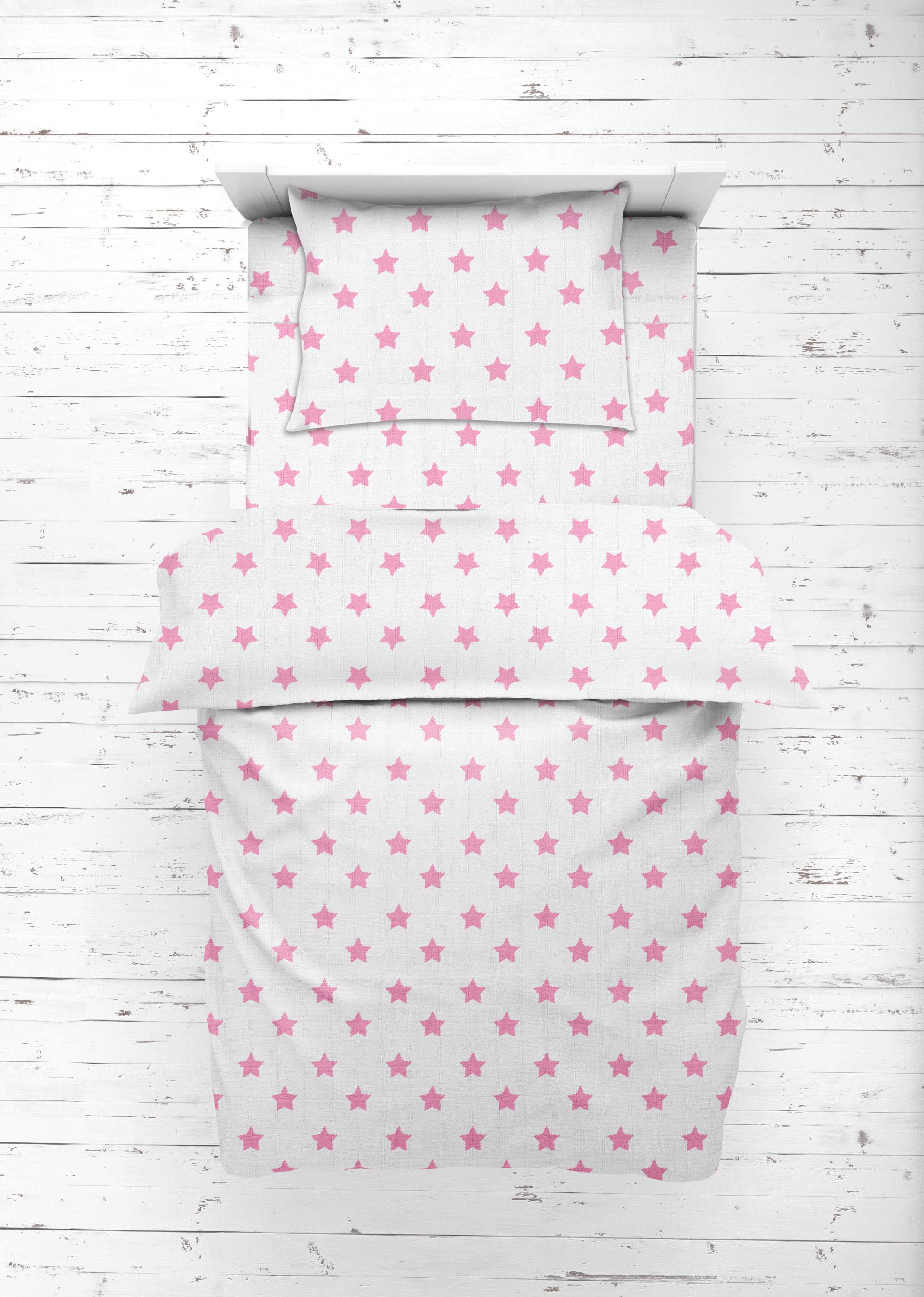 Bacati - Stars 100% Cotton breathable Muslin 3-Piece Toddler Bedding Sheet Set, Pink