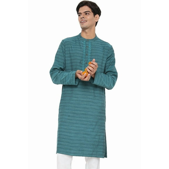 In-Sattva Men's Indian Embroidered Dobby Textured Woven Long Kurta Tunic; Turqouise; SM