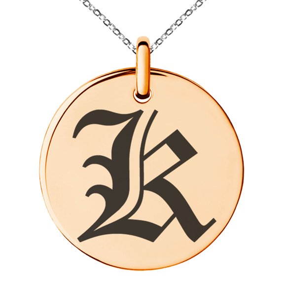 Stainless Steel Letter K Initial Old English Monogram Engraved Small Medallion Circle Charm Pendant Necklace