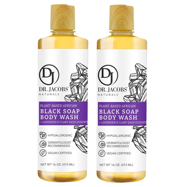 Dr Jacobs Naturals Auténtico jabón líquido negro africano con aroma a lavanda y salvia | Jabón de afeitar para champú y gel de baño para piel sensible todo en uno | Fórmula hidratante y nutritiva, 16