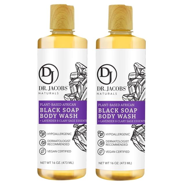 Dr Jacobs Naturals Auténtico jabón líquido negro africano con aroma a lavanda y salvia | Jabón de afeitar para champú y gel de baño para piel sensible todo en uno | Fórmula hidratante y nutritiva, 16