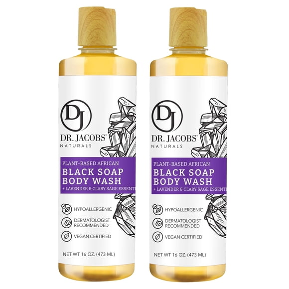 Dr Jacobs Naturals Auténtico jabón líquido negro africano con aroma a lavanda y salvia | Jabón de afeitar para champú y gel de baño para piel sensible todo en uno | Fórmula hidratante y nutritiva, 16