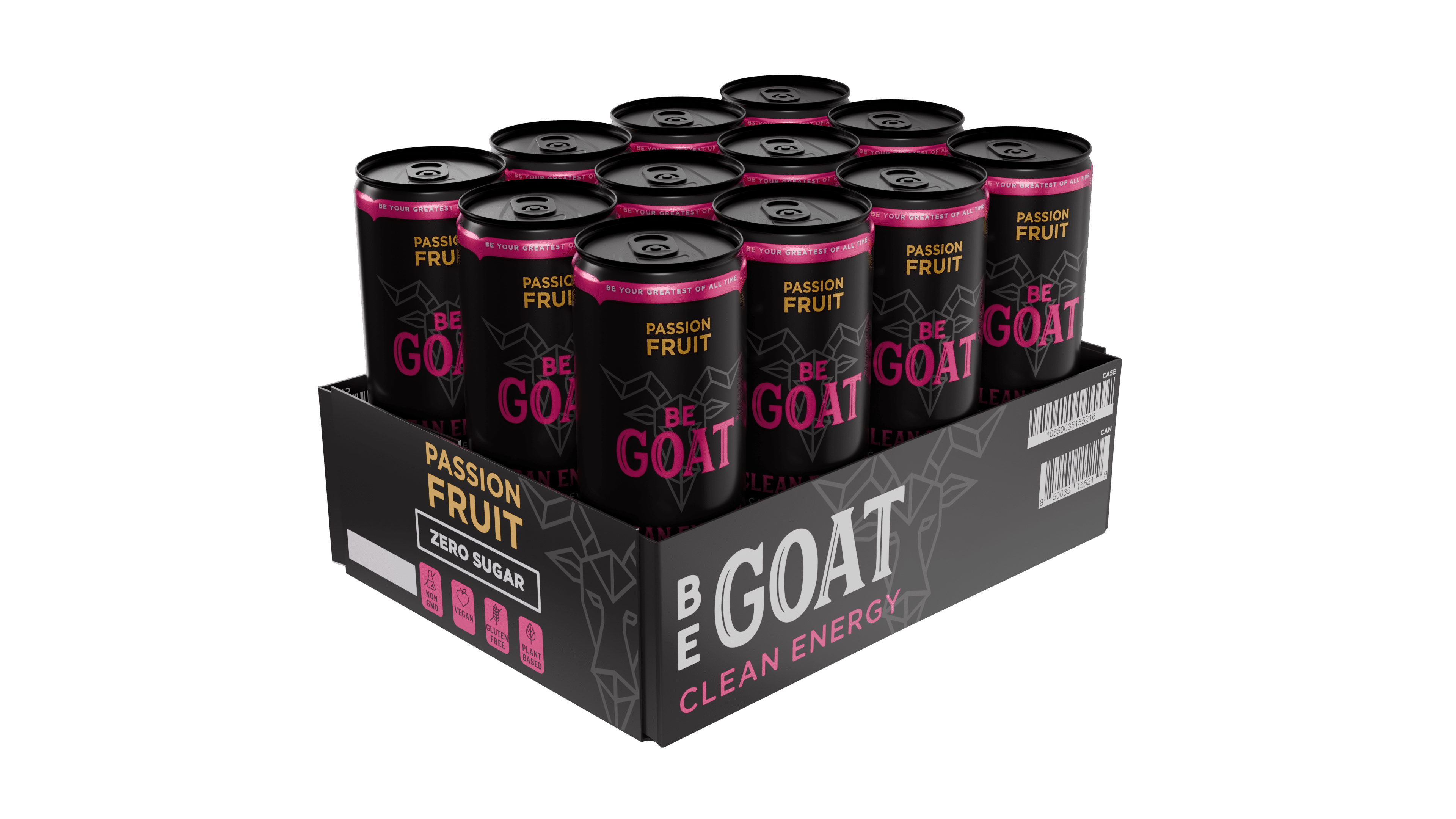 BeGOAT Passion Fruit Zero Sugar Clean Energy Drink, 12 oz can (12 Pack)