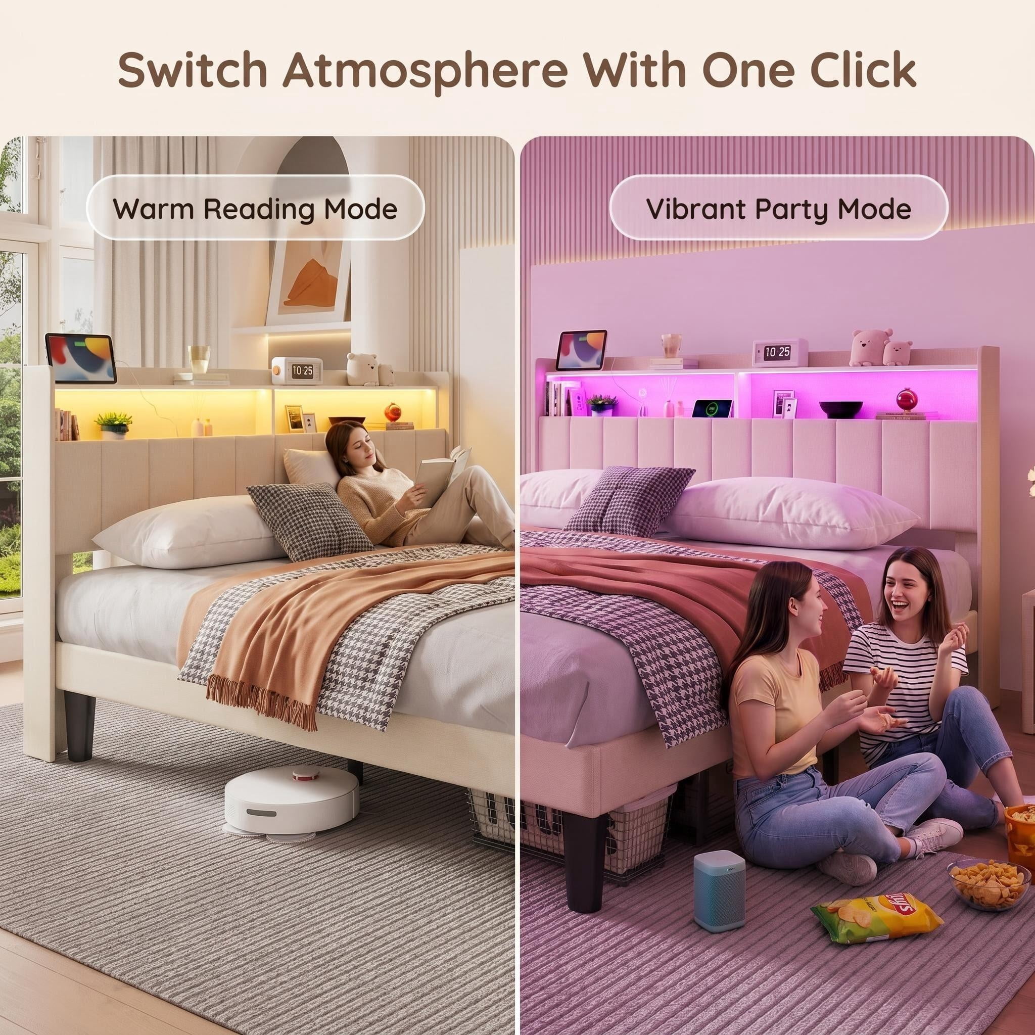 Bed Frame Queen Size , Lofka Queen Bed Frame with Storage & Headboard, USB/Type-C Charging, Smart RGB Lights, Noise Free, Easy Assembly,Beige