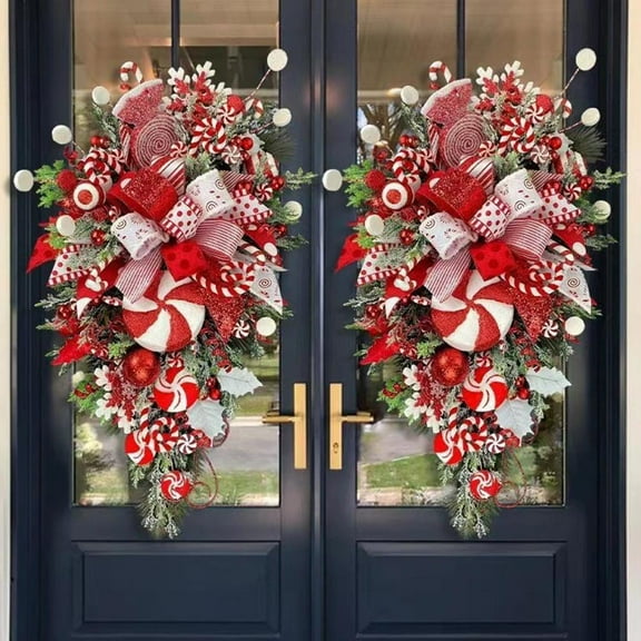 2pcs Christmas Candy Cane Wreath For Front Door Red White Teardrop Candy Cane Christmas Stairway Decorations Christmas Wreath With Candy Christmas Onrnament For Home Indoor