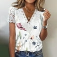 thumbnail image 2 of Women Summer Tops Short Sleeve Printing Floral Pattern Lace T-Shirts V-Neck Classic Fitted Tee Fashion Trendy Ladies Softy Holiday Tops White,XL, 2 of 5