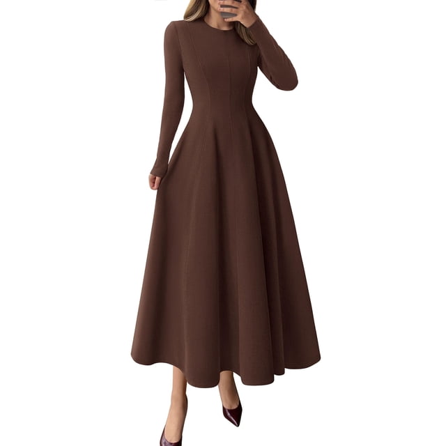 Vestido PRETTYGARDEN 2025 Elegante de Manga Larga Marrón Talla L