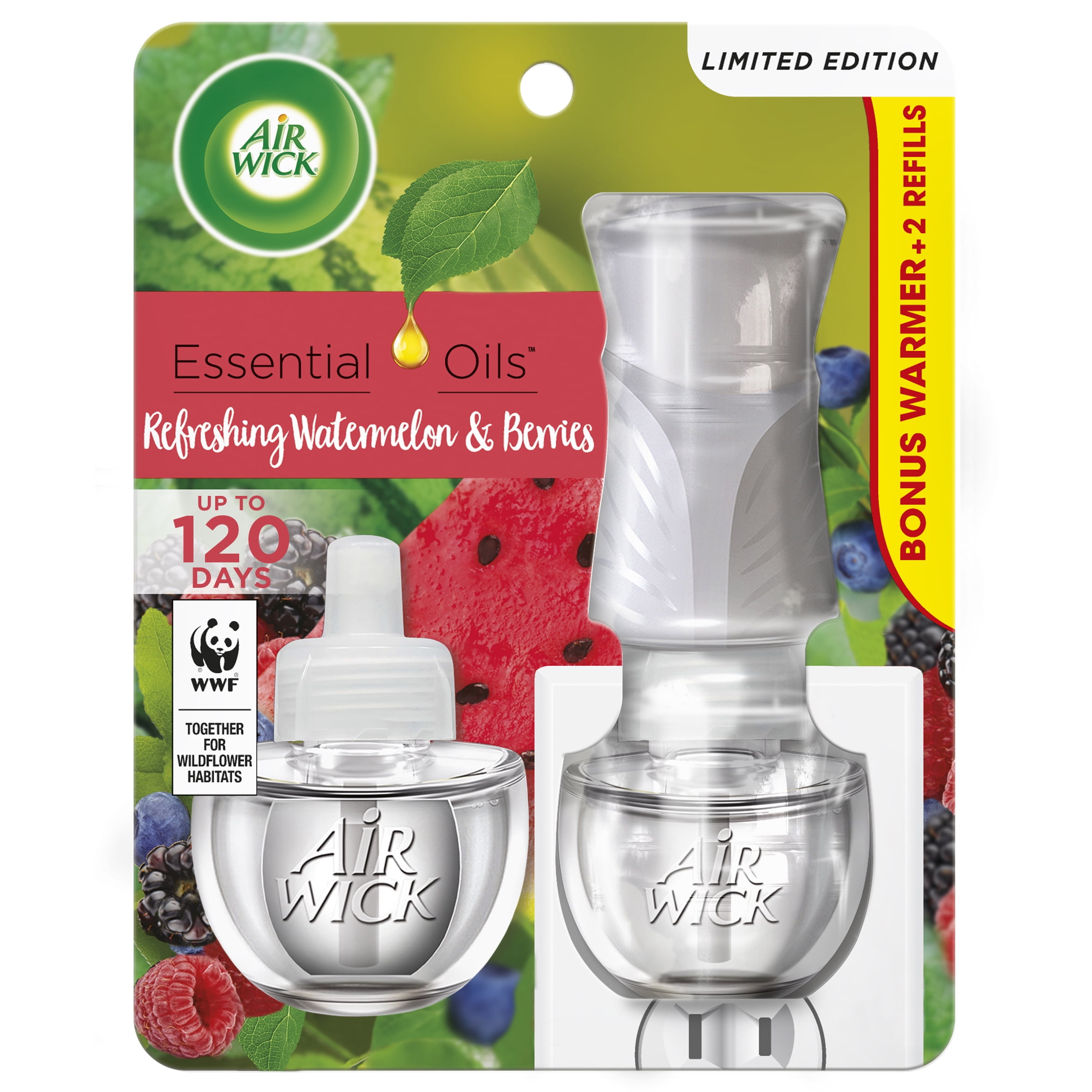 Air Wick Plug in Scented Oil Starter Kit (Warmer + 2 Refills), Watermelon & Berries, Air Freshener, Essential Oils, Spring Collection