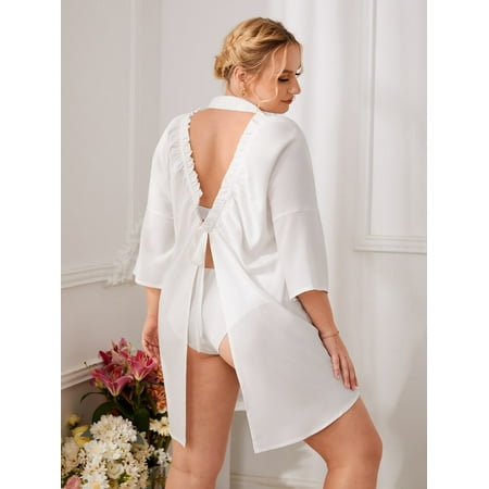 

White Sexy Women s Plus Backless Knot Frilled Drop Shoulder Nightdress Without Lingerie 2XL(16) Y22001D