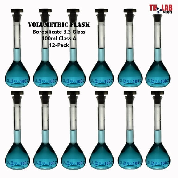 Volumetric Flask 100ml Borosilicate Glass 14/23 Joint Class A Accuracy 6-12-Pack
