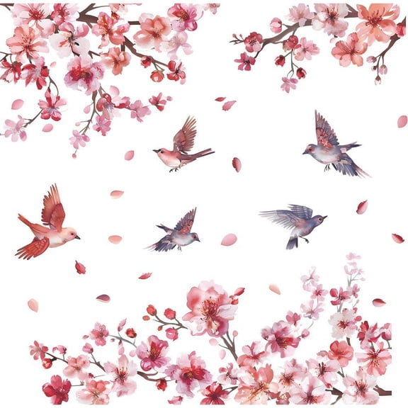 Window Clings Peach Blossom Tree Branch Wall Decals Colorful Birds Glass Sticker Decal Anti Collision Window Decals for Home