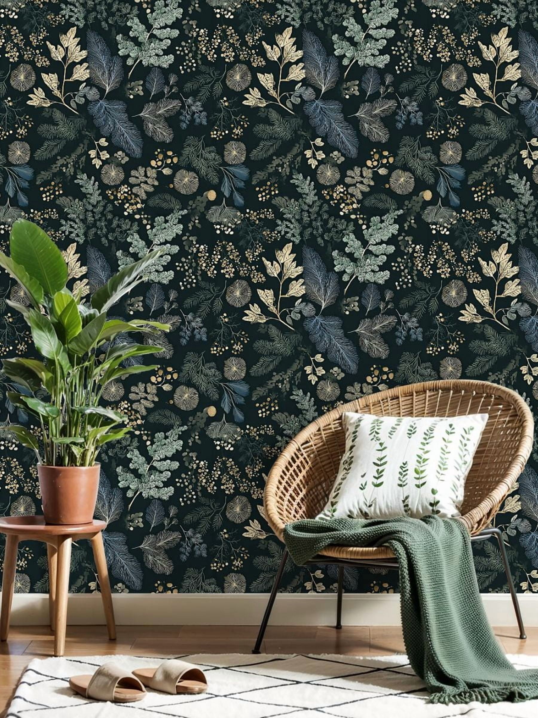 Woodland Peel and Stick Wallpaper 17.7in x 9.8ft Botanical Leaf Gold Accents Dark Green Contact Paper Vinyl Waterproof Self Adhesive Wall Paper for Bedroom Shelf Cabinet Renter Friendly