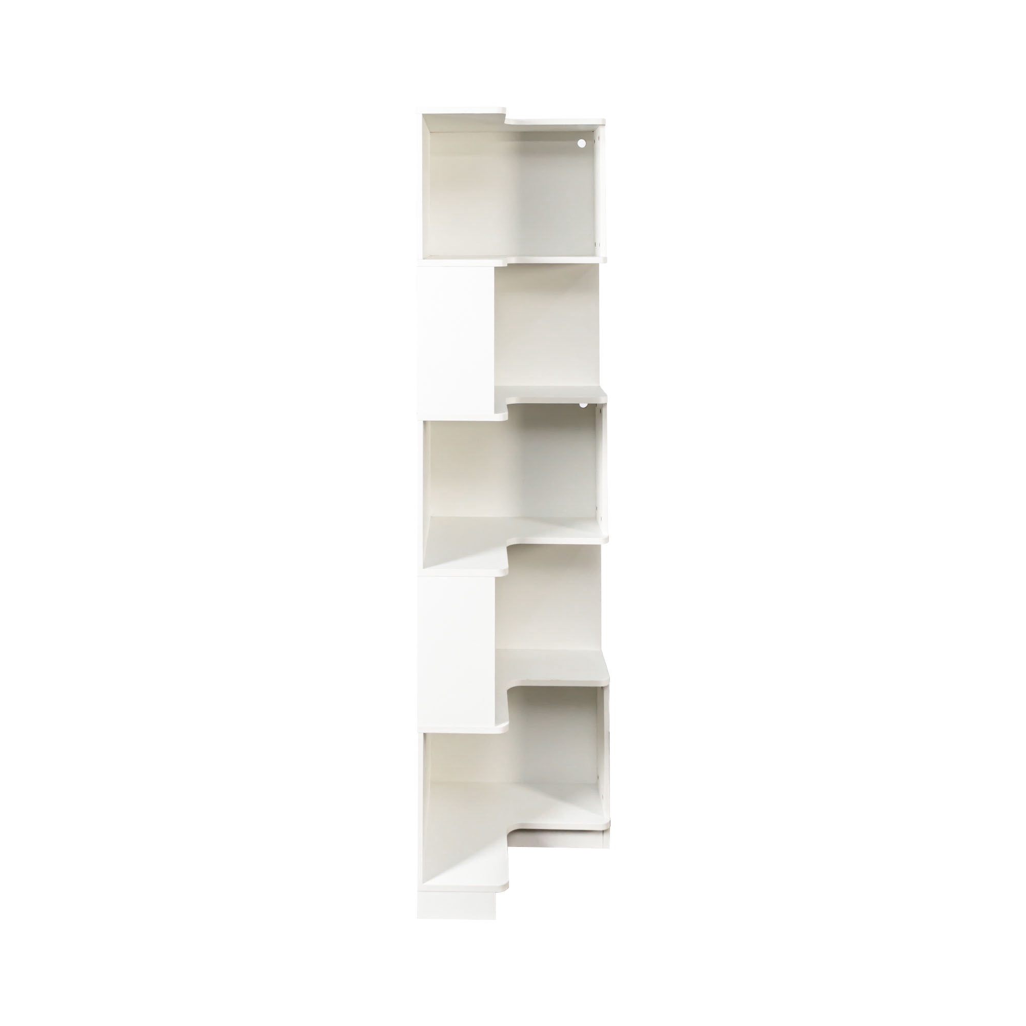 Leumius 5 Tier L Shaped Display Shelf Stand with Baffle, Freestanding Corner Bookshelf Bookcase with LED Lights for Home Office Living Room Bedroom Kitchen White