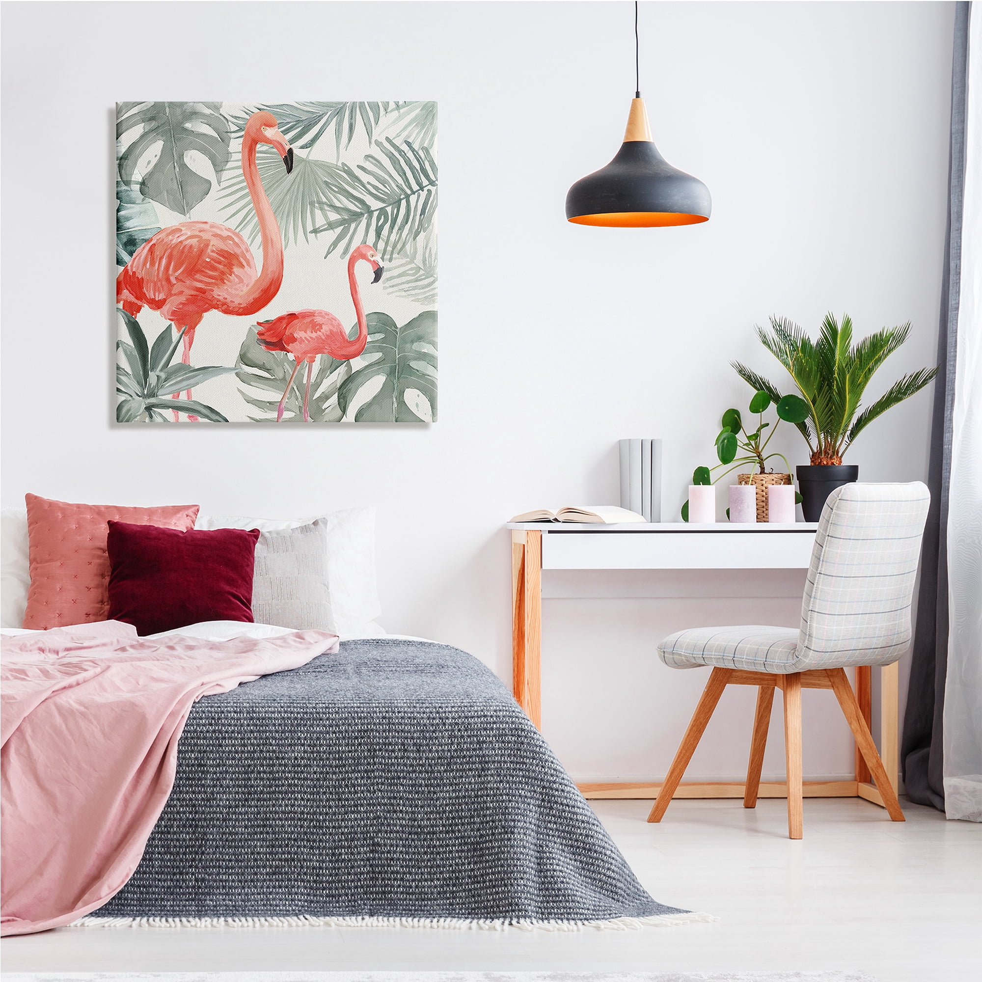 Tropical Flamingo Family Pink Birds Monstera Palm Leaves Animals & Insects Painting Gallery-Wrapped Canvas Print Wall Art
