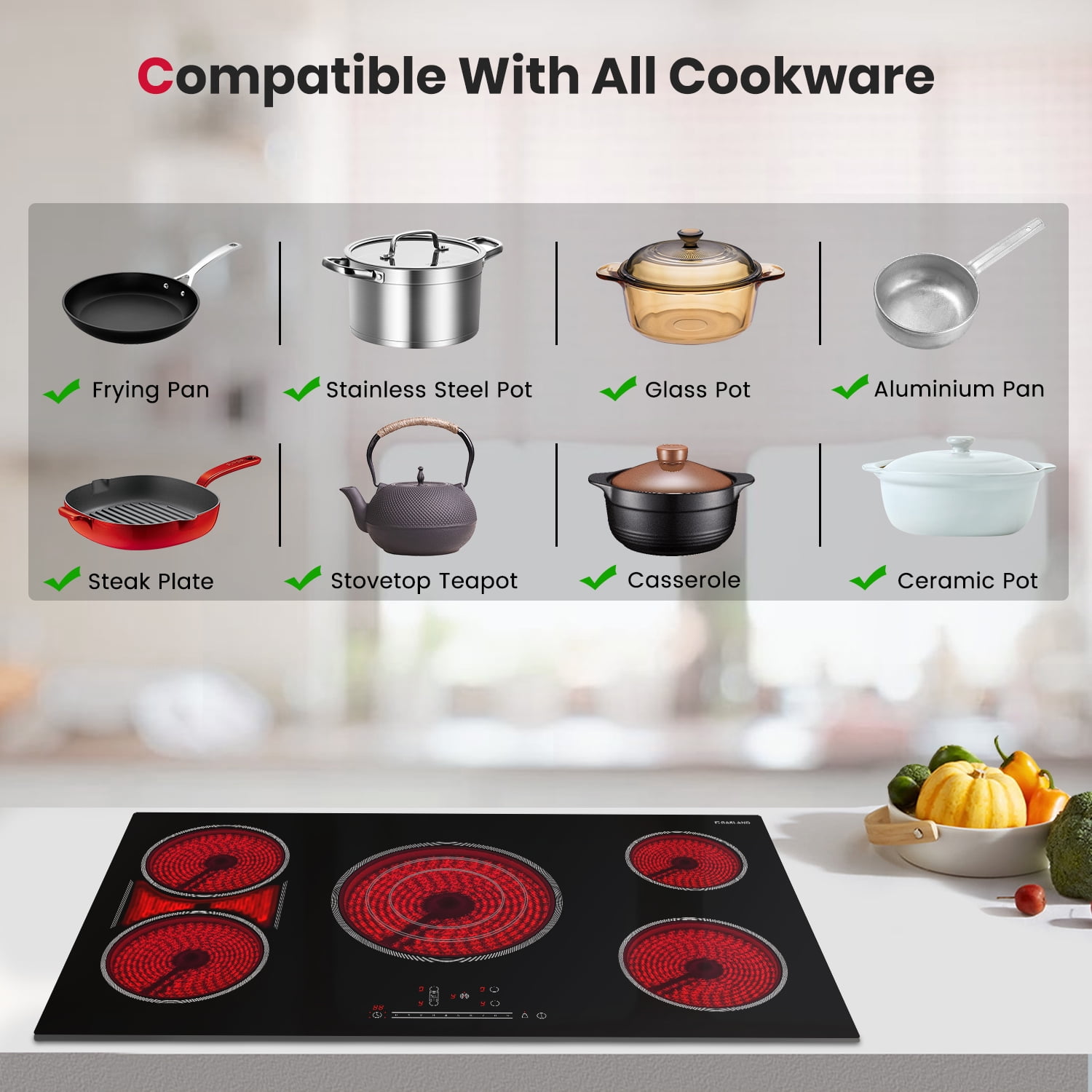 Gasland Chef 36in. 5 Elements Radiant Electric Cooktop in Black with Tri-Ring Element and Bridge Element