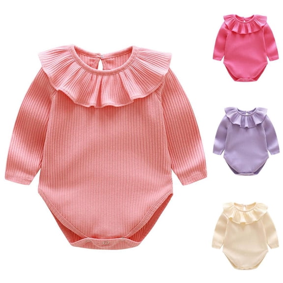 Bxsruta Baby Girl Ribbed Bodysuit Long Sleeve Ruffle Collar Infant One-Piece Romper for Casual Daily Wear
