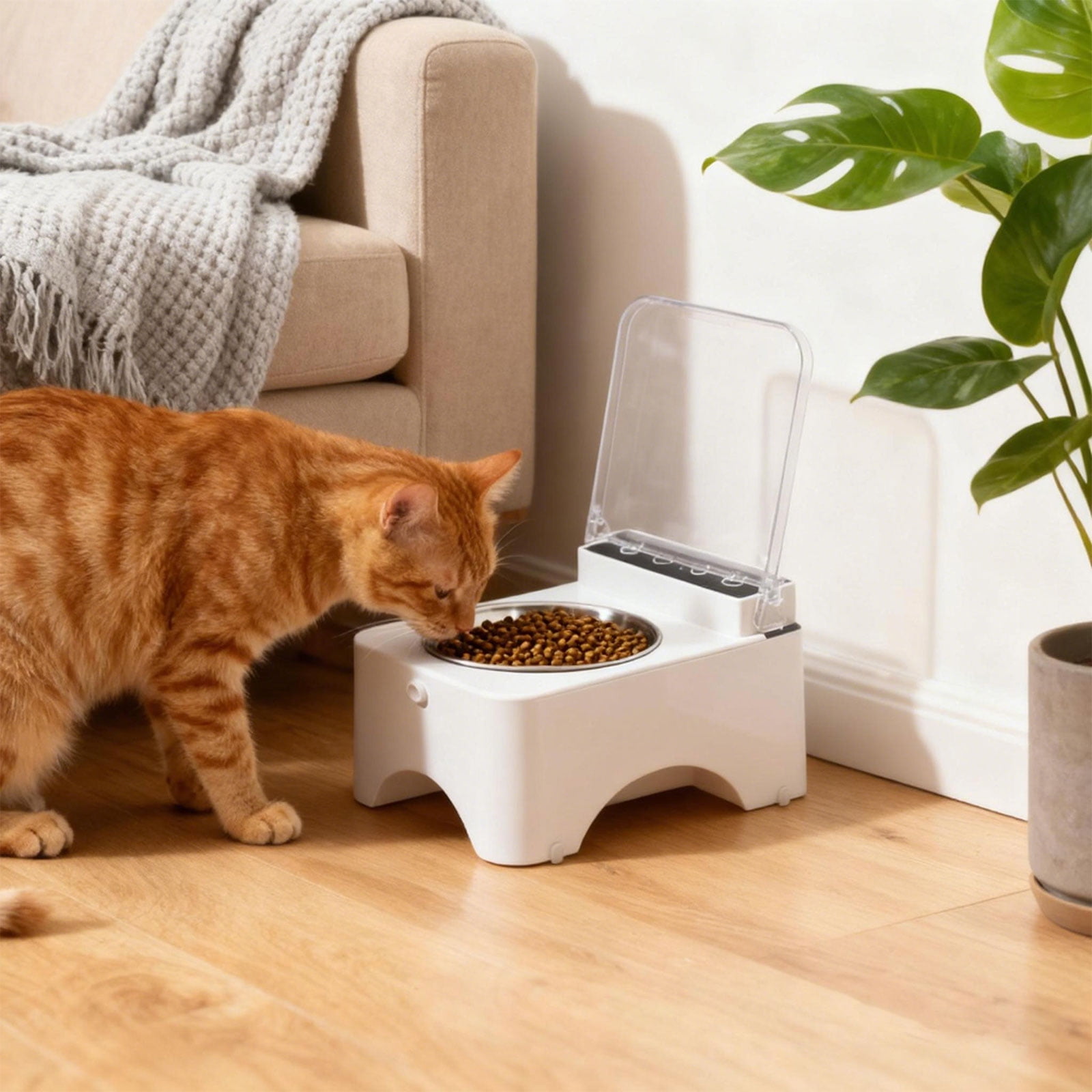 Automatic Cat Feeder Dog Feeder with Induction Timed Lid Freshness Preservation Stainless Steel Bowl for Indoor Cats Cat Food Bowl，As Show