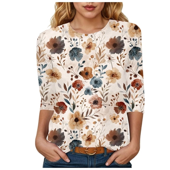 Towmus 3/4 Length Sleeve Womens Tops Cotton Floral Print Dressy Blouses Crew Neck Casual Tunic Tops Summer Shirts