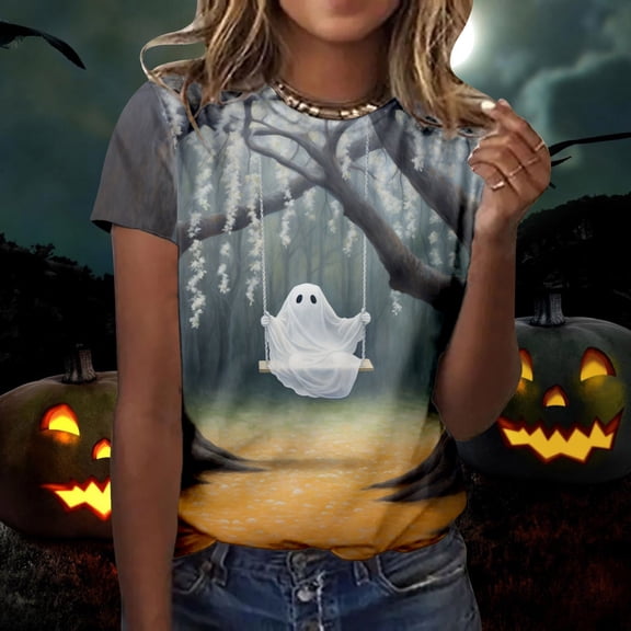 Graphic Tennis Tees for Women T-Shirts for Women Halloween-Themed Print Short Sleeve Crew Neck Top as Seasonal Everyday Wear Yellow 4XL