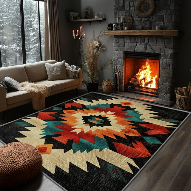 Yoozitrees Aztec & Tribal 5x8 Washable Area Rug - Rustic, Geometric, Colorful Carpet, Non-Slip, Soft Home Decor