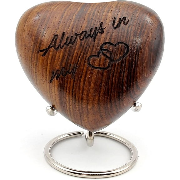 Wooden Heart Keepsake Urn - Mini Ash Urn Small Handcrafted Cremation Urn for Ashes - Tribute to Your Loved One - Perfect for Adults & Pets with Premium Display Stand (Always in My Heart)