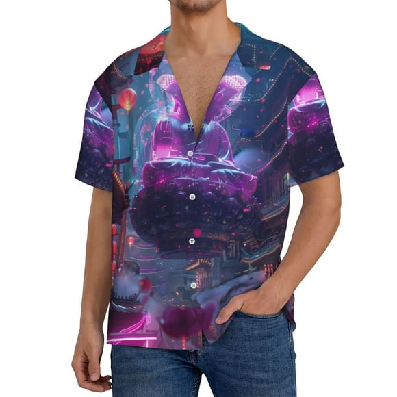 Vsdgher Chemise Cubaine pour Hommes avec Imprimé de Bouddha Néon, Chemises Hawaïennes, Chemises Décontractées à Boutons, Chemise à Manches Courtes-TTTG