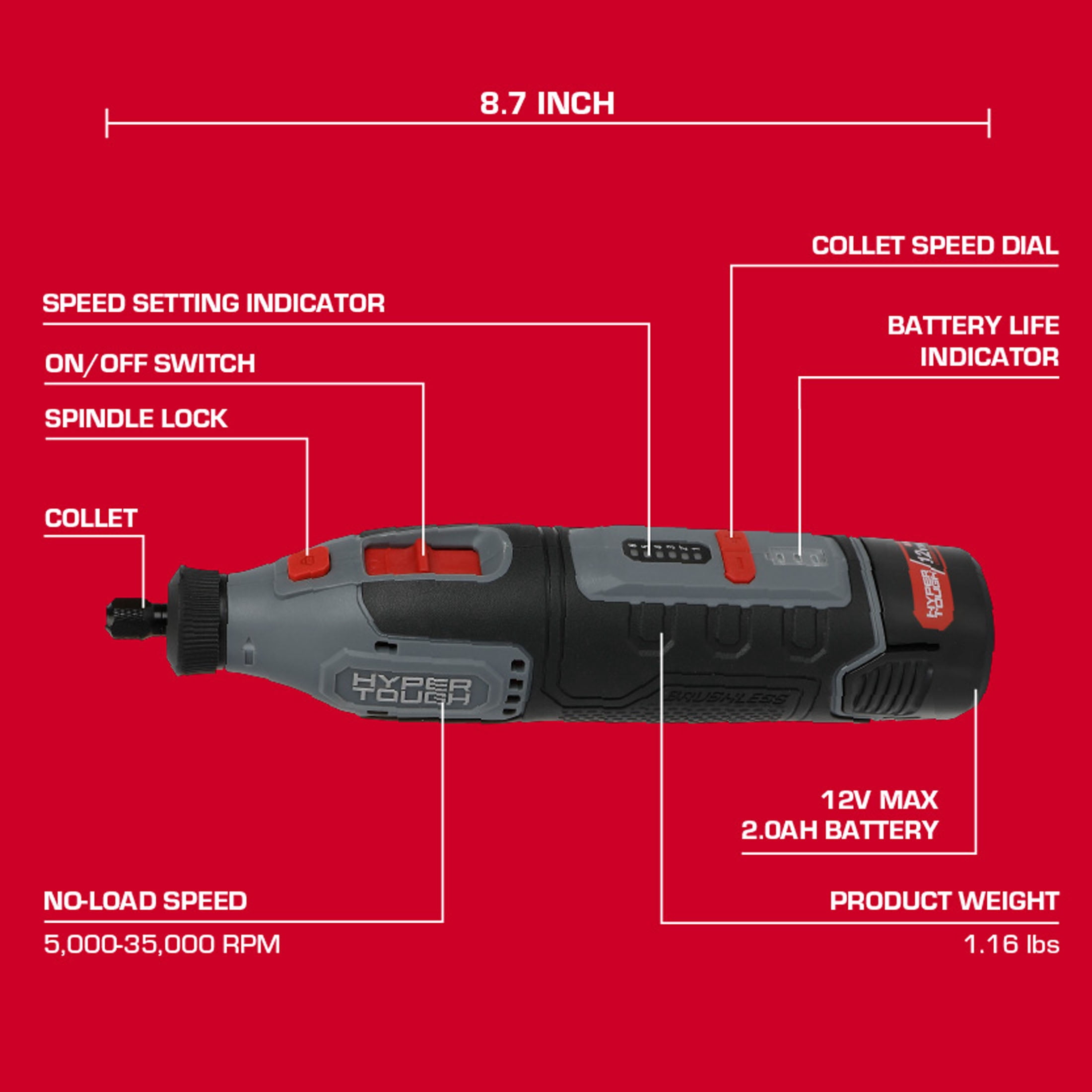 Hyper Tough 12V Rotary Tool with 2.0Ah Battery