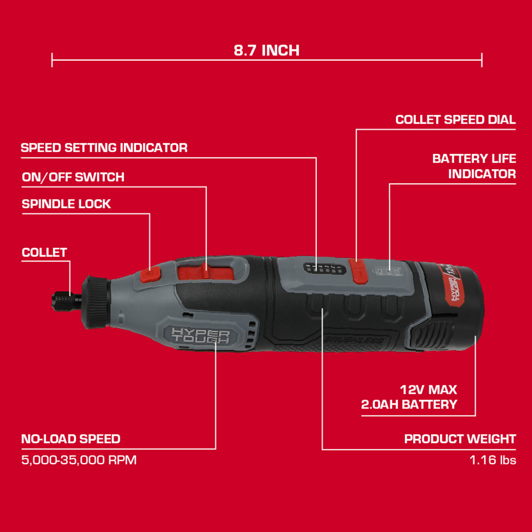 Herramienta rotativa Hyper Tough de 12V con batería de 2.0Ah 4