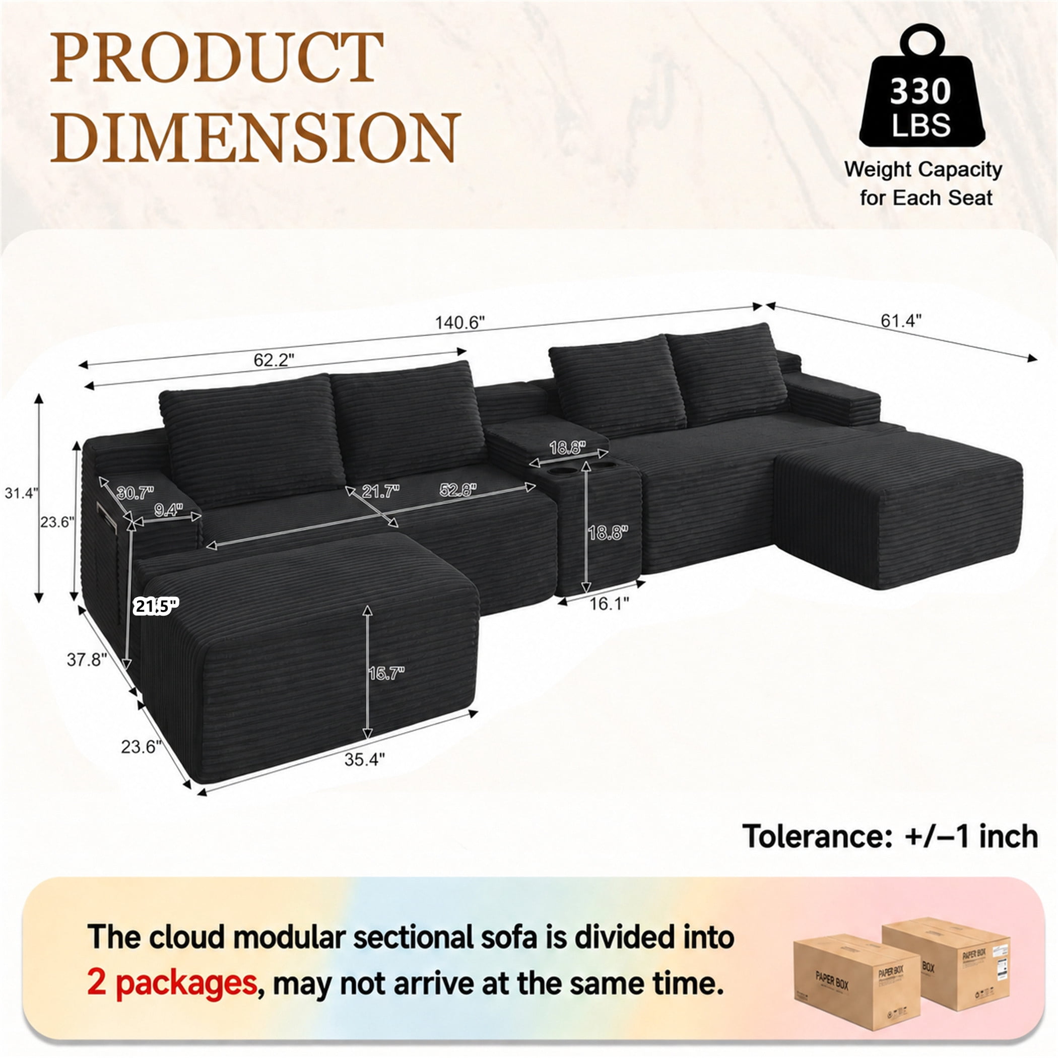 Aukfa 140" U-Shaped Cloud Sectional Sofa Oversized Boneless Couch with Cup Holder Storage Console Modular Couch for Living Room, Corduroy, Dark Gray
