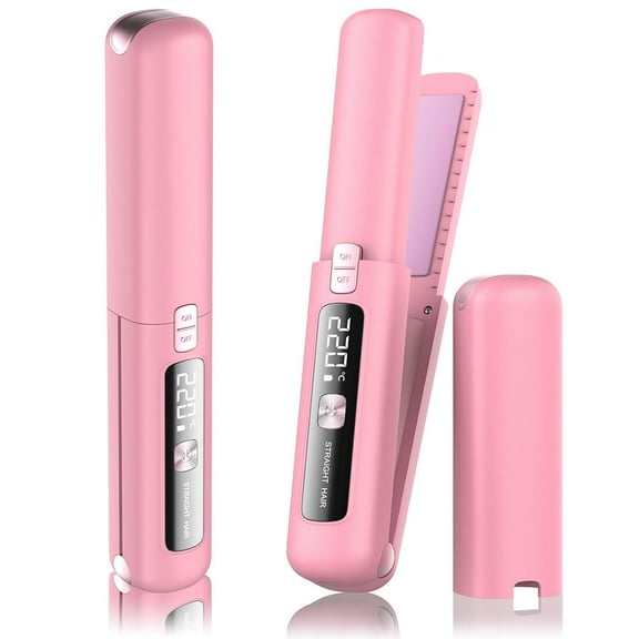 Cordless Hair Straightener and Curler 2 in 1 Mini Lightweight and Small USB Rechargeable with 4500mAh Battery 10s Fast Heating Portable Ceramic Flat Iron for Travel (Pink)