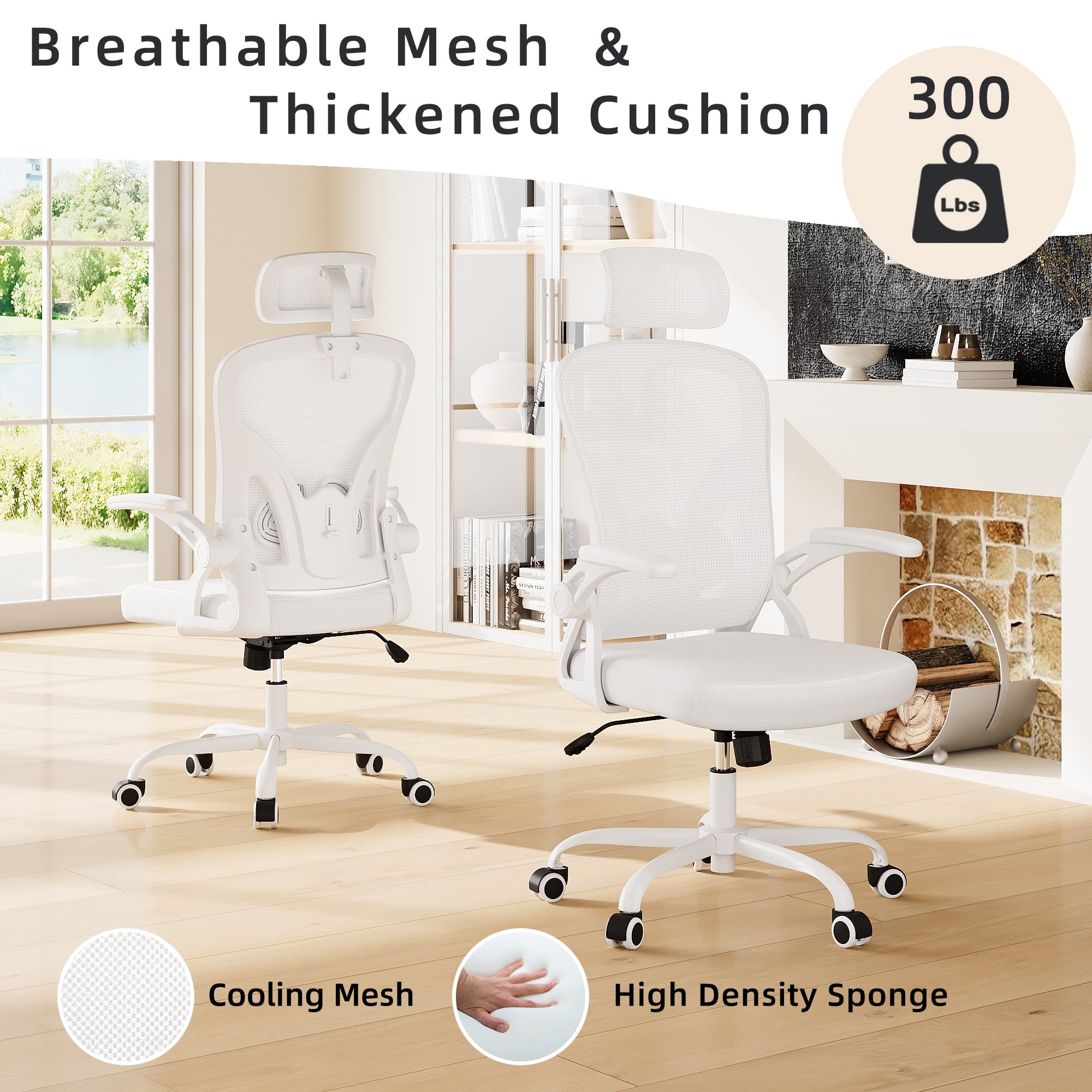 MAYEERTY Ergonomic Home Office Chair with Headrest, Flip-Up Armrests, Adjustable Lumbar Support, White