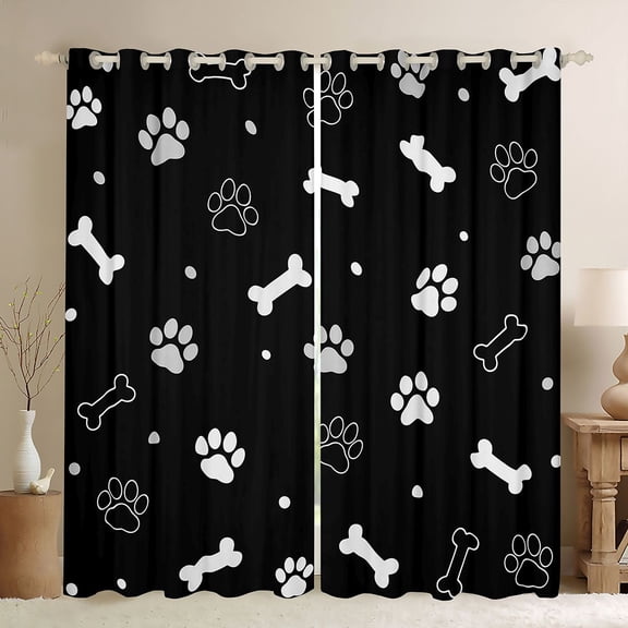 Manfei Minimalist Paw Blackout Curtains, Dog Bone Silhouette Window Curtains Pack of 2 (38x45 Each), Black White