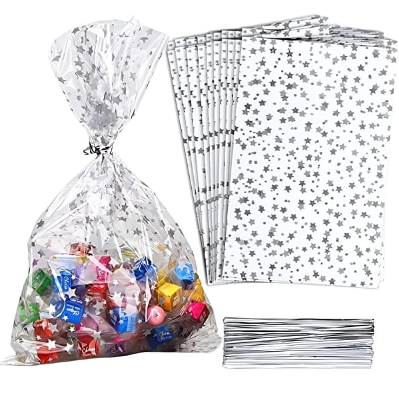 CCOCC 100 Pcs Star Printed 5"X 11" Gift Wrap Cello Cellophane Treat Bags Party Favor Bags Clear Candy Cookie Bags Plastic Poly Goodie Storage Bags with Twist Ties for Bakery, Birthday, Wedding, Party
