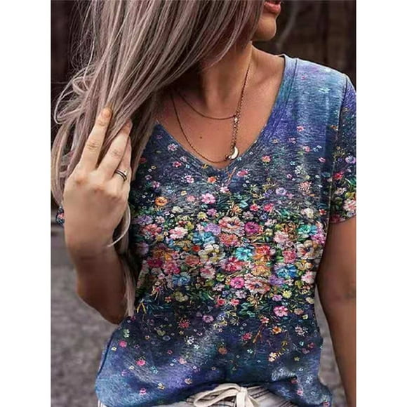 U.Vomade New Women's Fashion All-Match V-Neck Short-Sleeved Top Floral Pattern Casual Loose T-Shirt