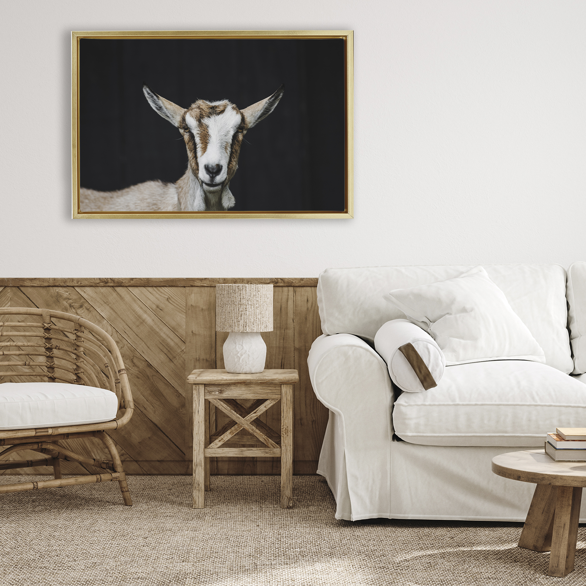Goat Face over Black Gold Framed Floater Canvas Wall Art, design by Amy Carroll