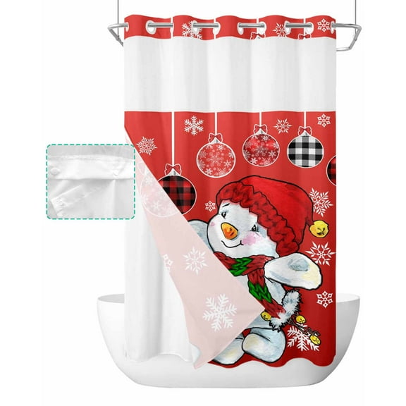 No Hook Shower Curtain with Snap in Liner, Merry Christmas Snowman and Snowflakes Red Hotel Shower Curtains for Bathroom, Washable Shower Curtain Liner Set with Mesh Top Window, 36"x78"