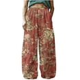 thumbnail image 2 of Bzhegqhd Women's Retro Print Cotton and Linen Elastic Waist Bohemian Leaf Casual Trouser Pants with Pocket, 2 of 5