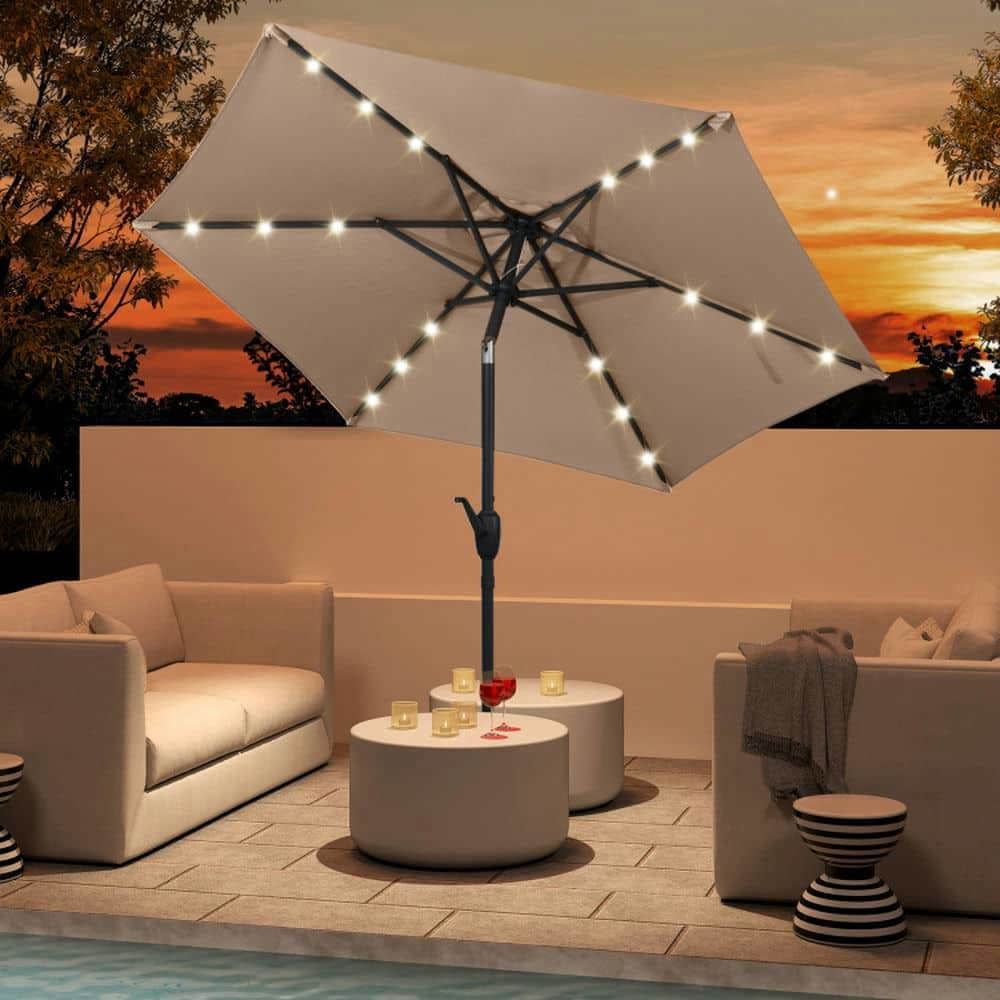 Spaco 7.5 Feet Solar Powered Patio Umbrella, Outdoor Shade with LED Lights and Crank Handle, Brown