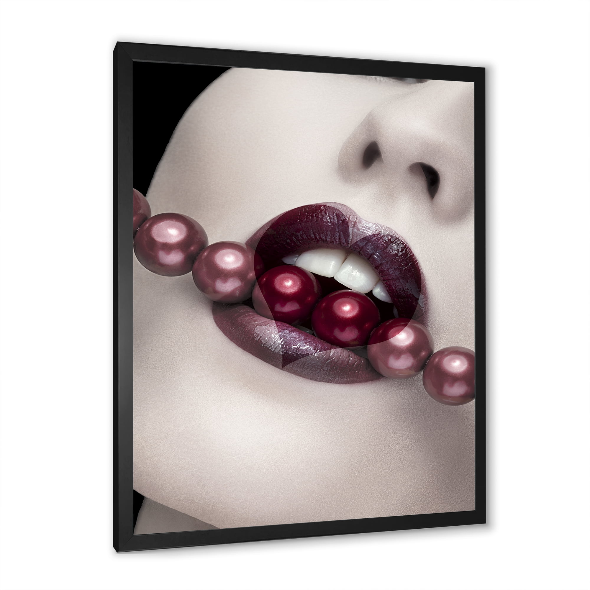 Designart 'Pearls Through Mouth With Heart Shape Lips' Modern Framed Art Print