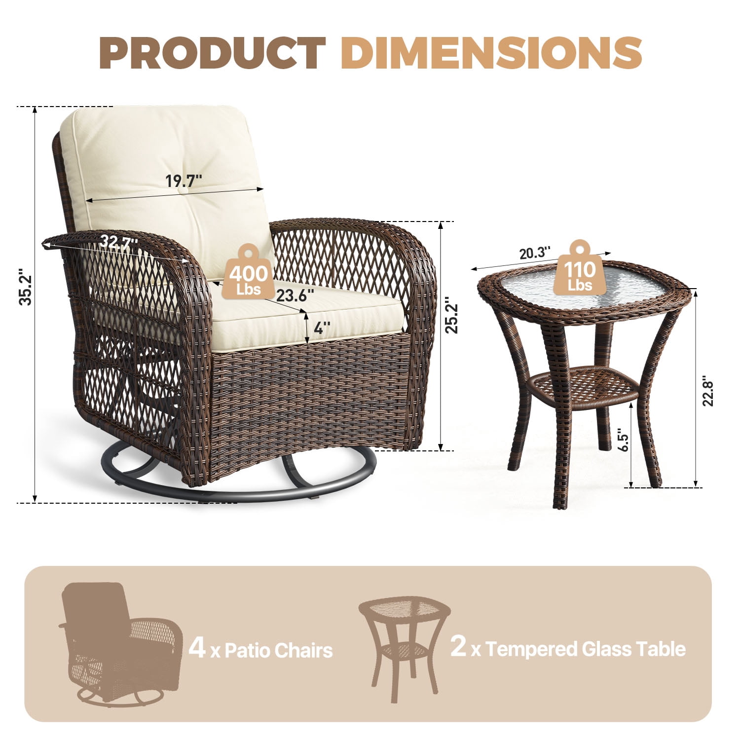 BaPiPro 6-Piece Outdoor Swivel Rocker Wicker Patio Furniture Set, All-Weather Resistant Brown Rattan Conversation Set with Beige Cushions & Tempered Glass Side Tables for Porch, Deck, Backyard