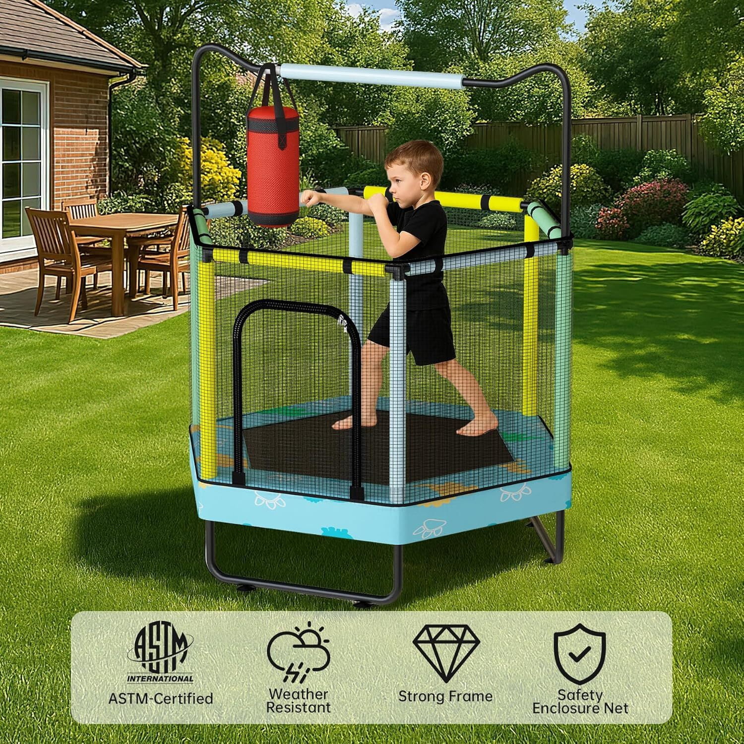 MOOSENG 7-in-1 Kids Trampoline with Safety Enclosure Net, 60" Hexagonal Toddler Trampoline with 500lbs Capacity, Indoor Outdoor Fun for Ages 1-8, Adjustable Handrail