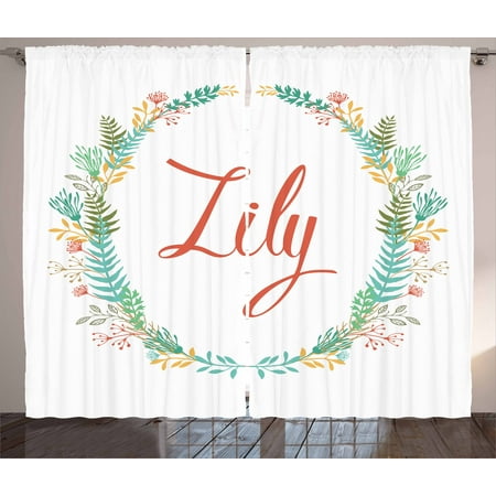 Lily Curtains 2 Panels Set, Colorful Wreath Design with Foliage Leaf Celebratory Girl Name Classic Nature Pattern, Window Drapes for Living Room Bedroom, 108W X 63L Inches, Multicolor, by (Best Bedroom Designs For Girls)
