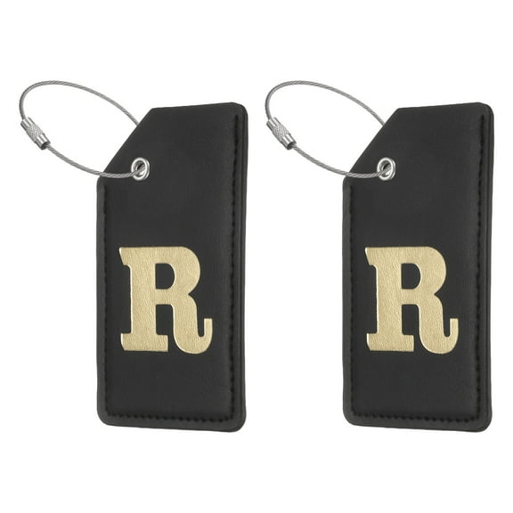 Uxcell Initial Luggage Tag, 2 Pcs PU Leather Letter Suitcase Tags with Steel Loop for Travel Bag Luggage Baggage Identification Labels Name ID Card, Black-Gold (Letter R)