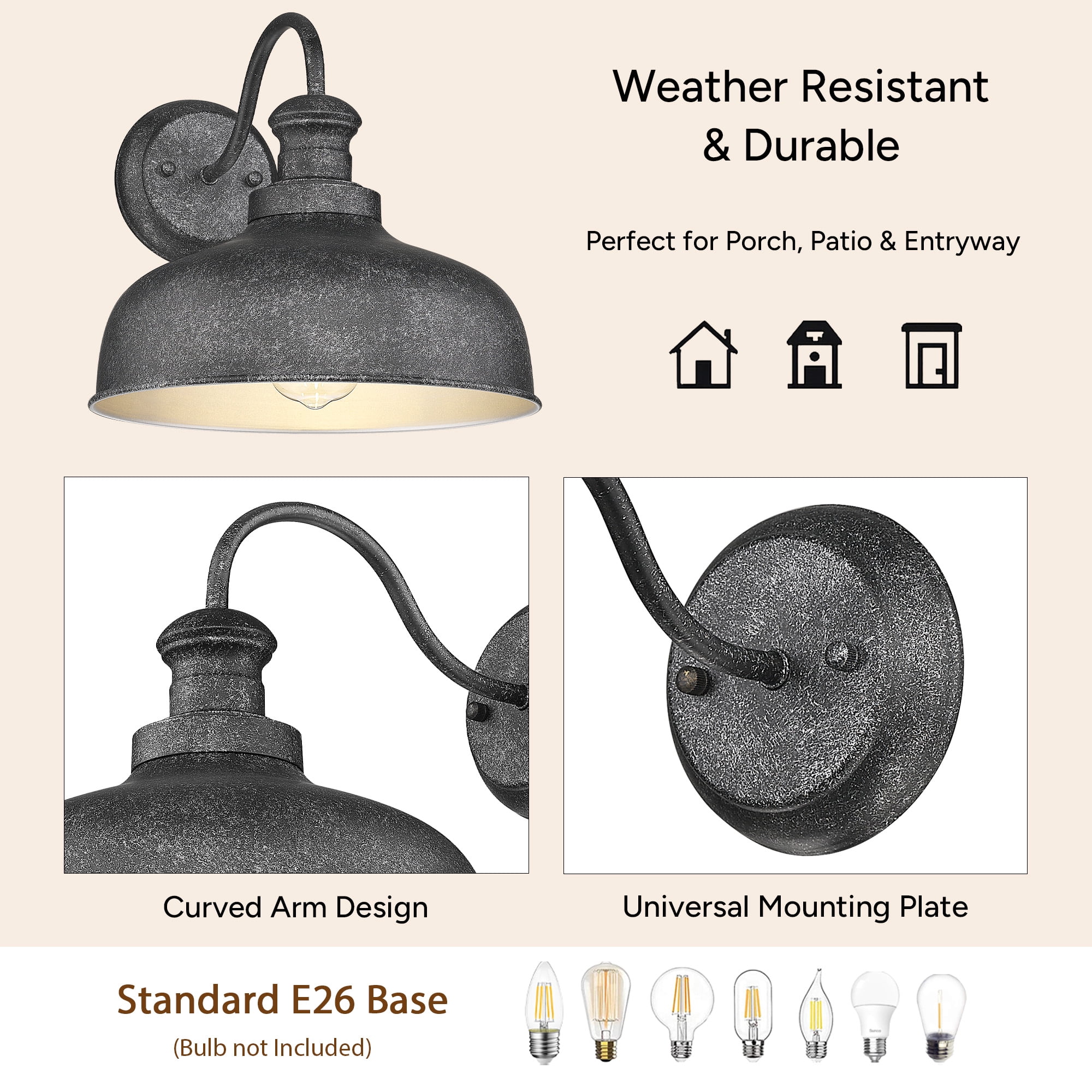 Outdoor Barn Light for Farmhouse, Anti-Rust 11.5 Inch Dome Exterior Wall Mount Lights Fixture ,Weather Resistant Outdoor Wall Sconce Lighting for Porch, Garage, Patio, Entryway(Antique Silver,,2Pack)