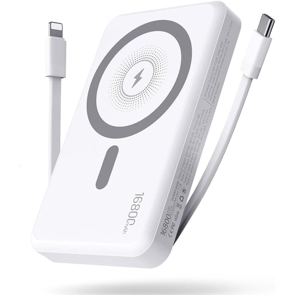 Magnetic Power Bank for MagSafe, 16800mAh Portable Wireless Charger with with 2 Built in Cables, 20W Fast Wireless Charging for MagSafe Battery Pack, Compatible with iPhone12-17/Android Devices