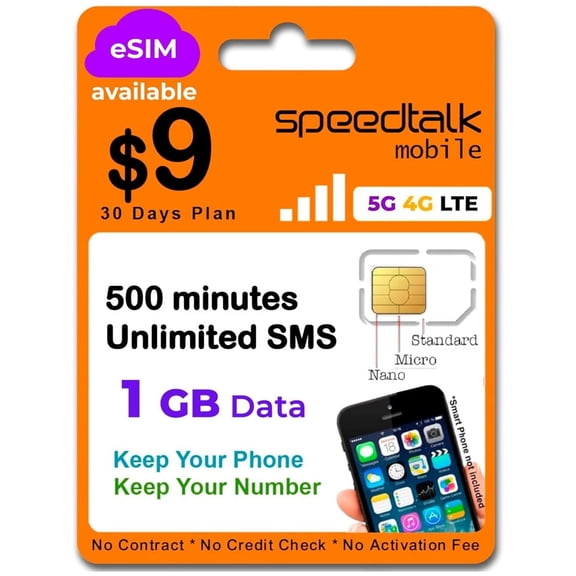 Speedtalk Mobile SIM Card Kit, 1GB Data 30-Day Plan, 3-in-1 Universal