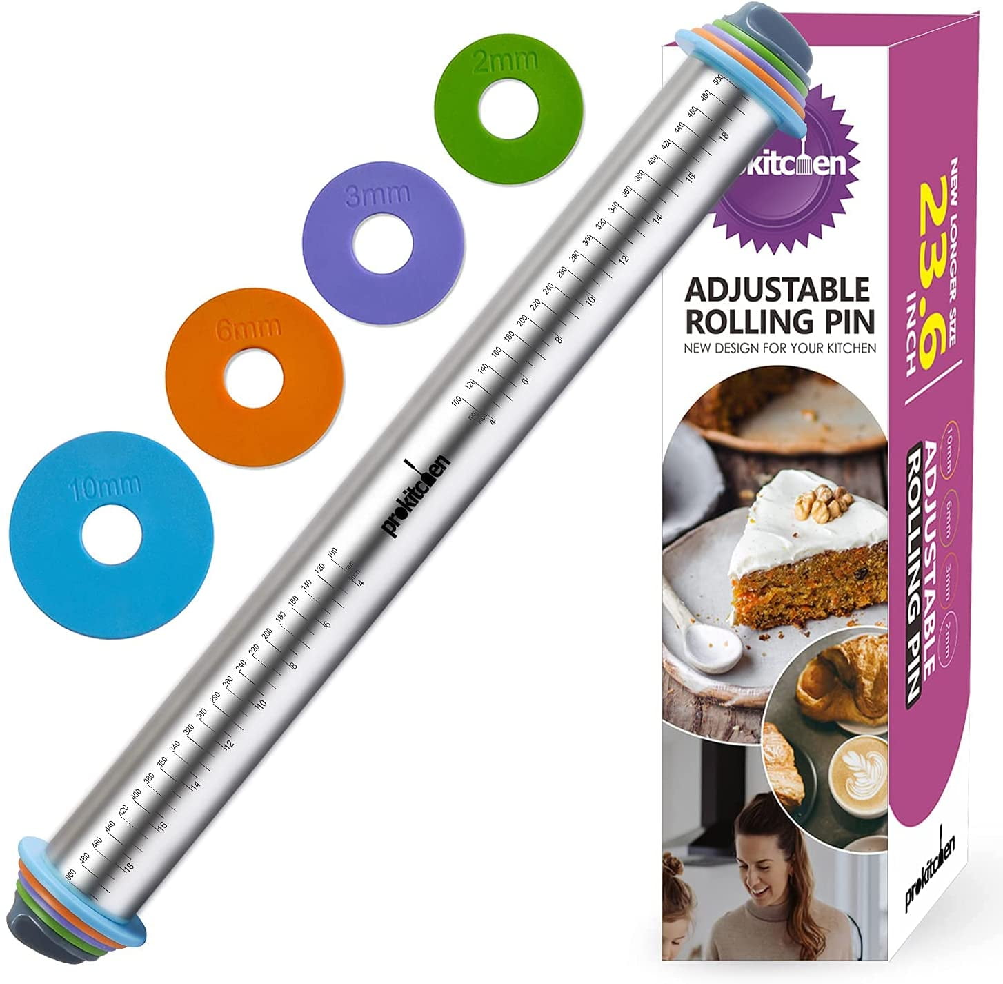 Adjustable Rolling Pin,16”Nonstick Rolling Pin Dough Roller for Pizza Fondant Roti Rolling Pin with Thickness Rings Pastry Mat Thicken Nonstick Rolling Mat Oven Liner Large Silicone Baking Mat 