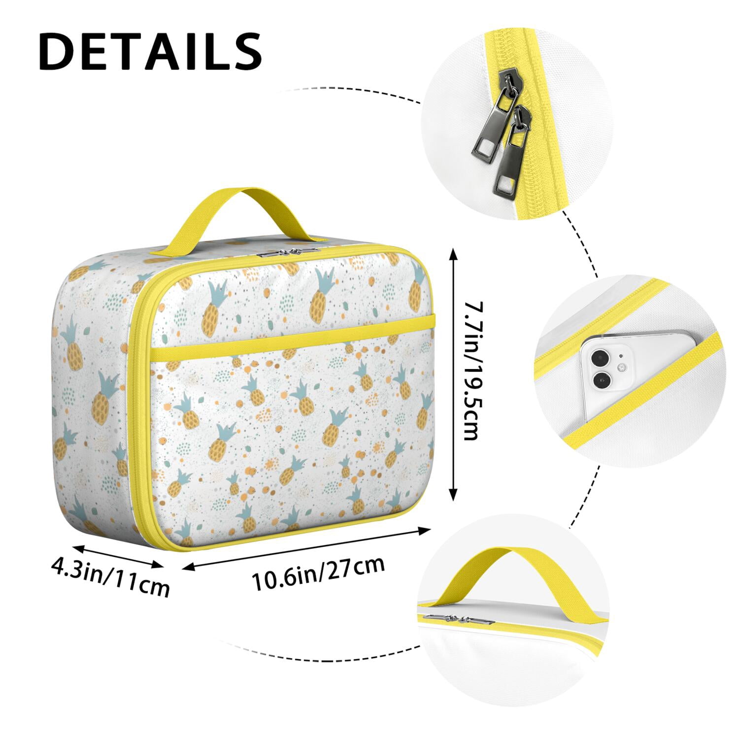 Durable Insulated Lunch Tote Featuring Pineapple Hawaiian Hawaii Tropical Fruit Summer Yellow Golden Exotic Pattern Print Aesthetic Pineapple Lover Sunshine Flowers Fresh Plant Prints – Lightweight L