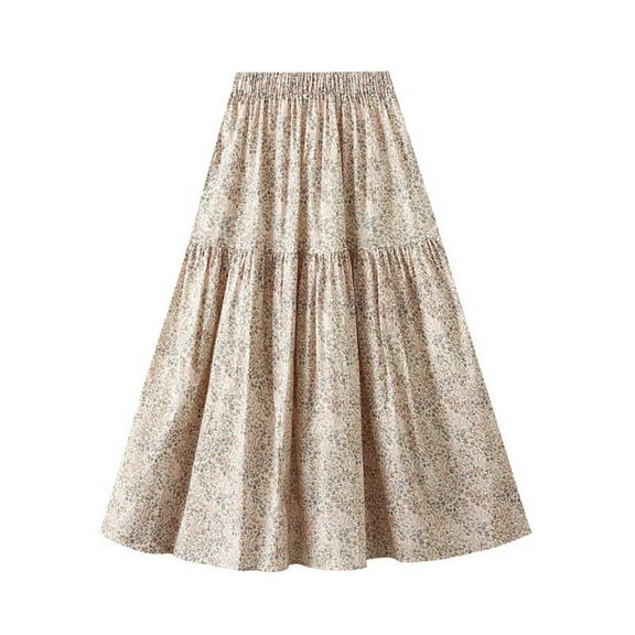 ibiyuan Women's Boho Floral Print Midi Skirt A-Line Elastic High Waist Flowy Long Skirts Casual Summer Beach Vacation Skirt
