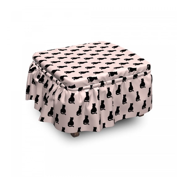Cat Ottoman Cover, Black Silhouettes on Pink, 2 Piece Slipcover Set with Ruffle Skirt for Square Round Cube Footstool Decorative Home Accent, Standard Size, Pale Pink and Black, by Ambesonne
